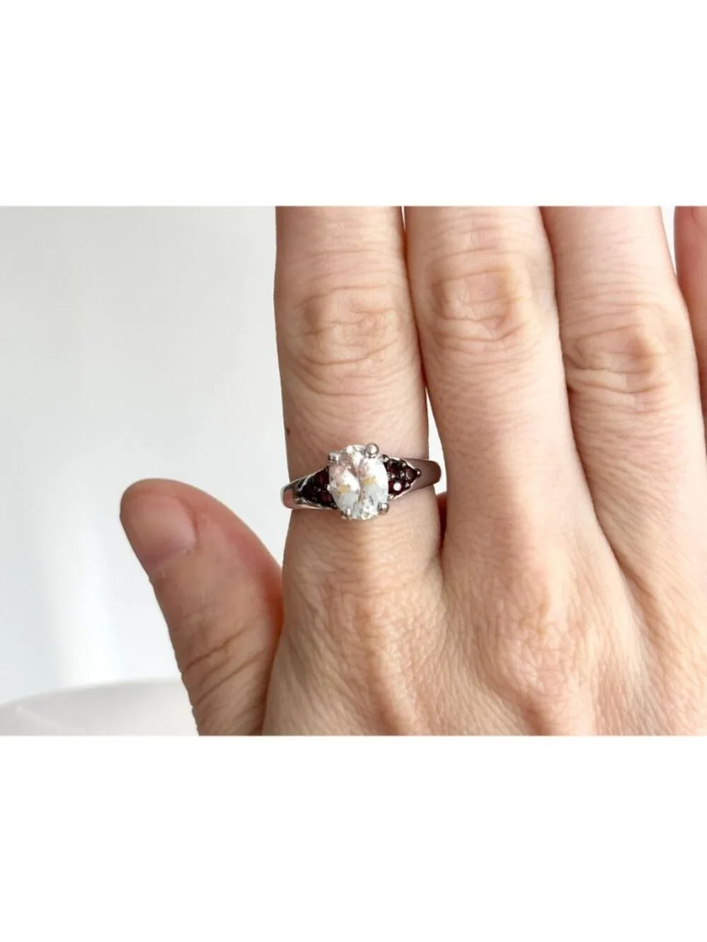 White Topaz & Mini Garnet Gemstone Sterling Silver 925 Vintage Ring - sz 8